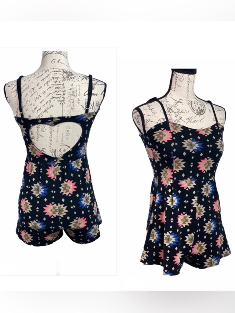 Forever 21 Aztec Romper Heart Cutout Back Spaghetti Strap Boho Y2K Black Small - Picture 11 of 12